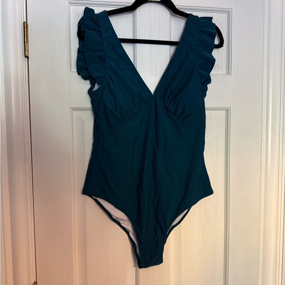 Cupshe Teal Ruffle Shoulder One-Piece Swimsuit